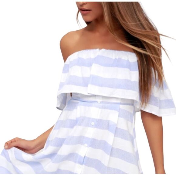 Lulu’s Blue Ivory “Transatlantic Voyage” Off The Shoulder Striped Mini Dress - Picture 5 of 15
